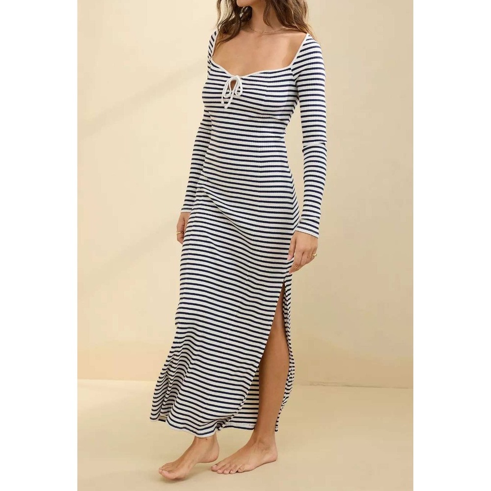 Aerie Striped Ribbed Knit Maxi Dress Navy White Long Sleeve Tie Front Large NEW